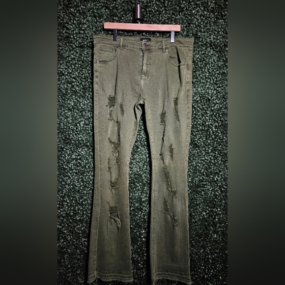 Distressed Olive Green Jeans - Picture 1 of 4